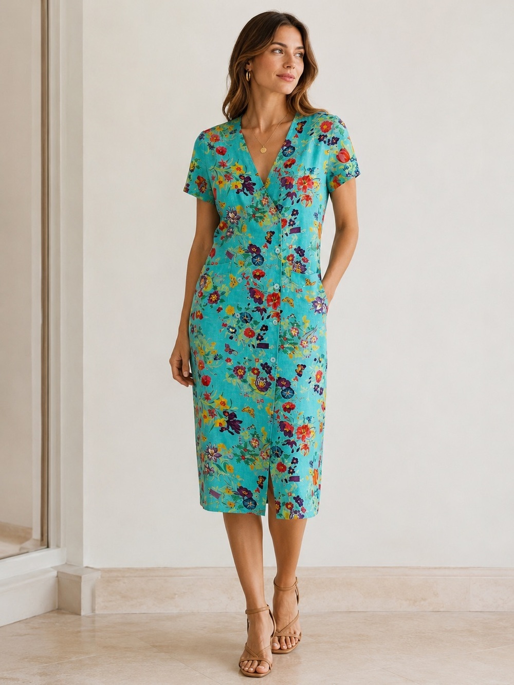 Gucci Vintage 80’s 90’s Linen Floral Short Sleeve Button V Neck Midi Dress Rare